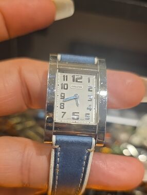 Coach Silver-Tone Rectangular Watch with Blue Leather Strap